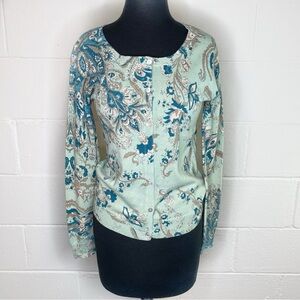 Sundance Eliza Bliss Light Green Paisley Button Front Cardigan